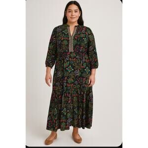 Rusttydustty Boho Floral Maxi Dress L – Black Multicolor Long Sleeve Neck